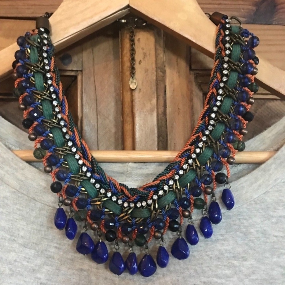 Zara Cord Chain Bib Necklace w/Colored Rhinestones - Picture 3 of 4